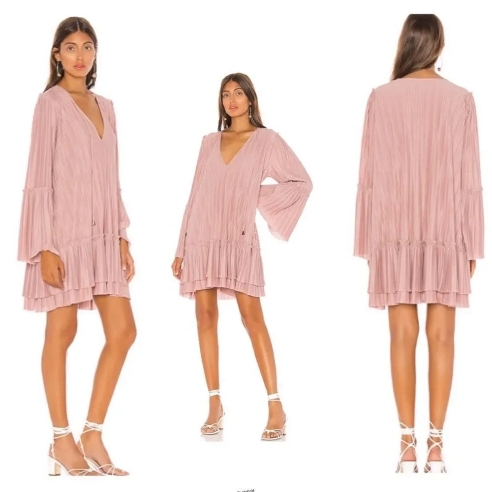 Revolve Free People Can’t Help It Pleated Ruffle Mini Dress in Dusty Rose